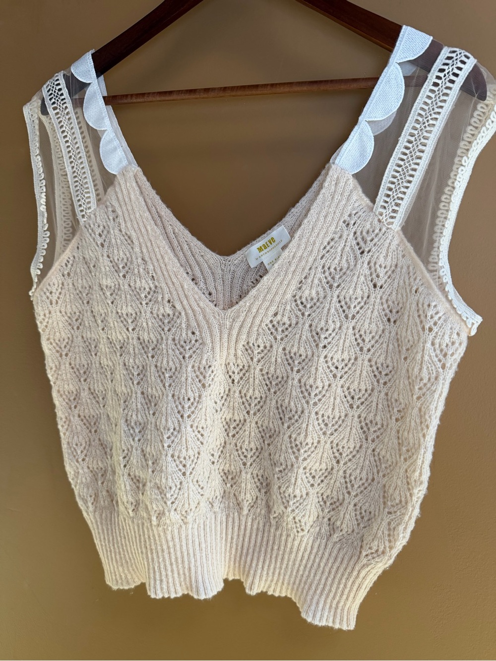 NWOT Anthro Mango Cream Knit Lace-Trim V-Neck Tank Mod Top Great for Office